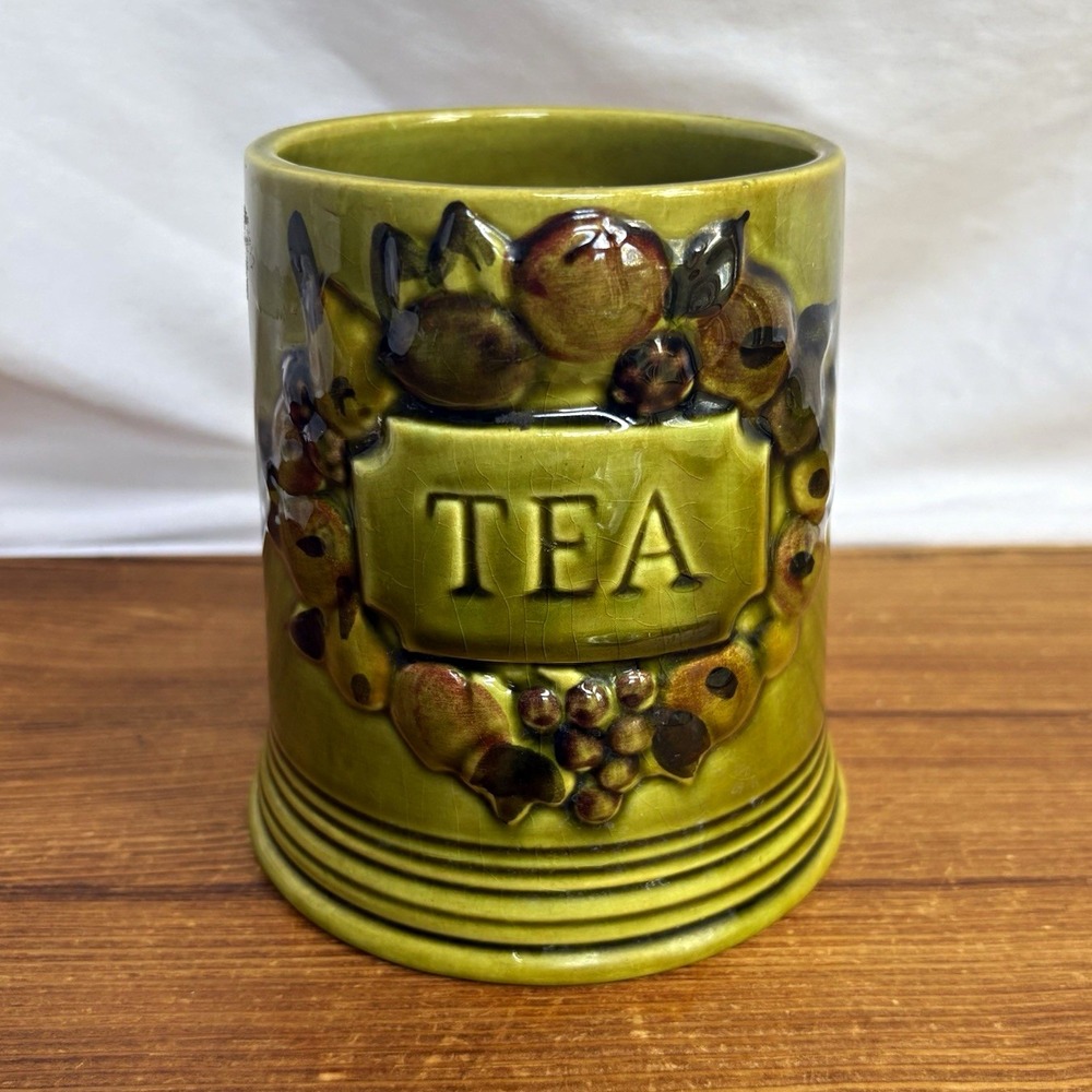 1967 Los Angeles Potteries Green Ceramic Tea Canister Floral Vintage 5.75"